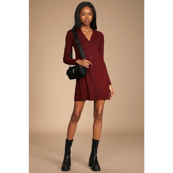 Lulus Sweet Comfort Sweater Dress Button Front Ribbed Knit Burgundy NWT Size XS - Picture 3 of 13